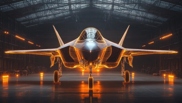 futuristic fighter jet wireframe in hangar showcasing advanced aerospace engineering design