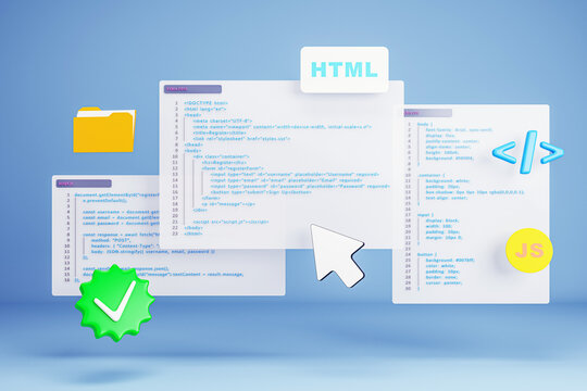HTML, CSS and JavaScript code interface concept with floating UI elements, light icons and 3D programming symbols on blue gradient background. 3D Rendering