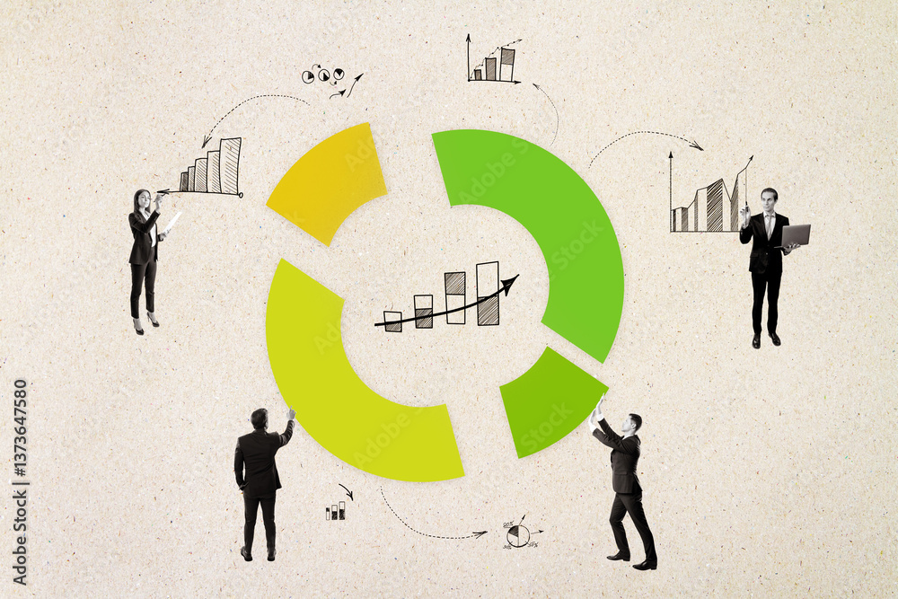 Poster business team interacting with circular chart and bar graphs on light textured background, represent