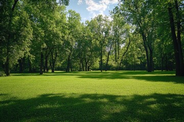 Fototapeta premium Sunny day in a serene woodland with lush green grass and dappled shade.
