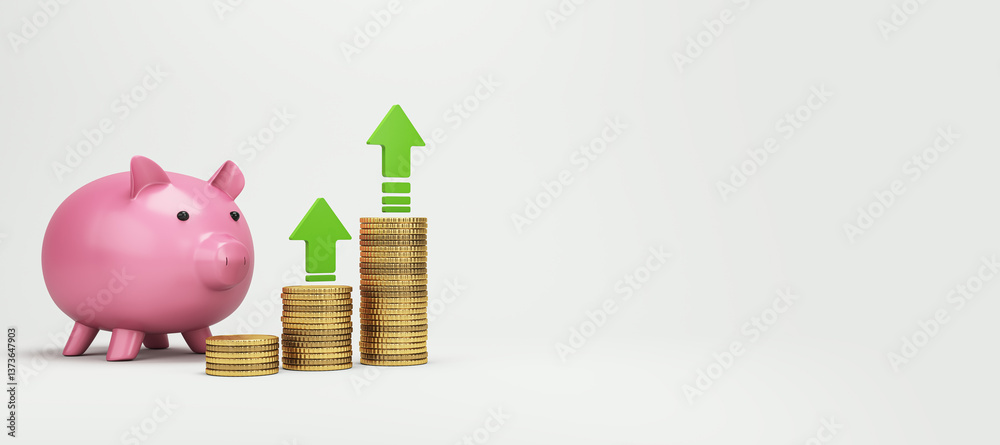 Poster piggy bank with growing coin stacks and green arrows on light background. 3d rendering