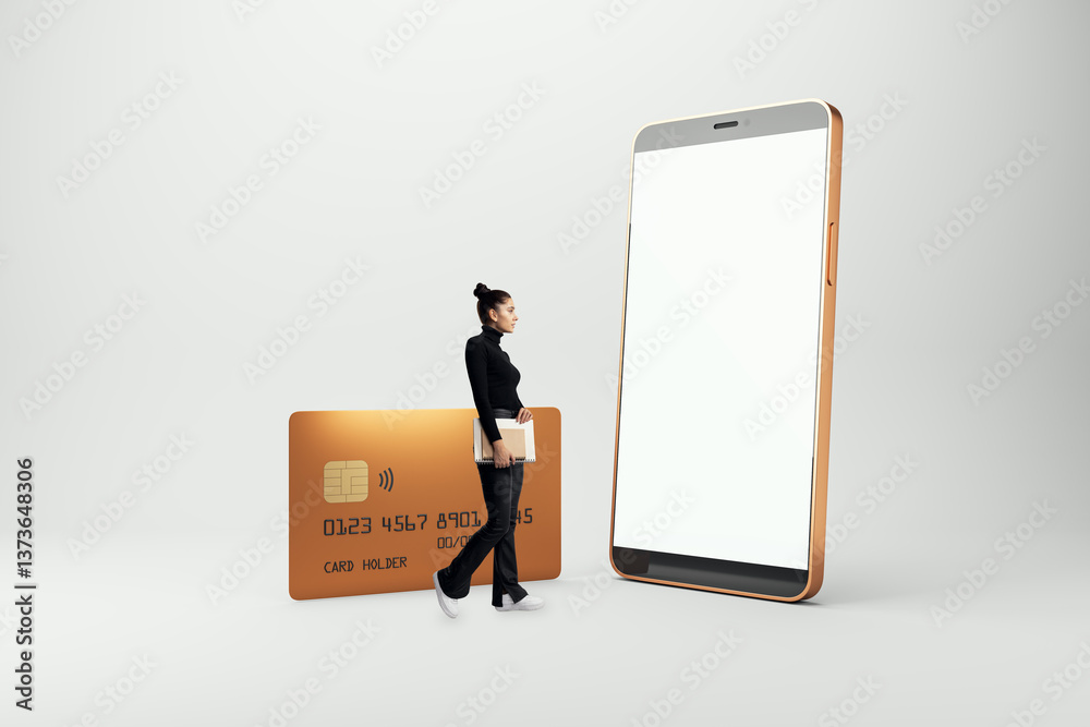 Poster businesswoman with notebook standing between oversized smartphone and credit card on light backgroun