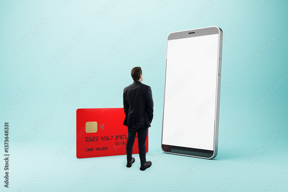 Poster businessman looking at a large smartphone and credit card on a light gradient background. concept of