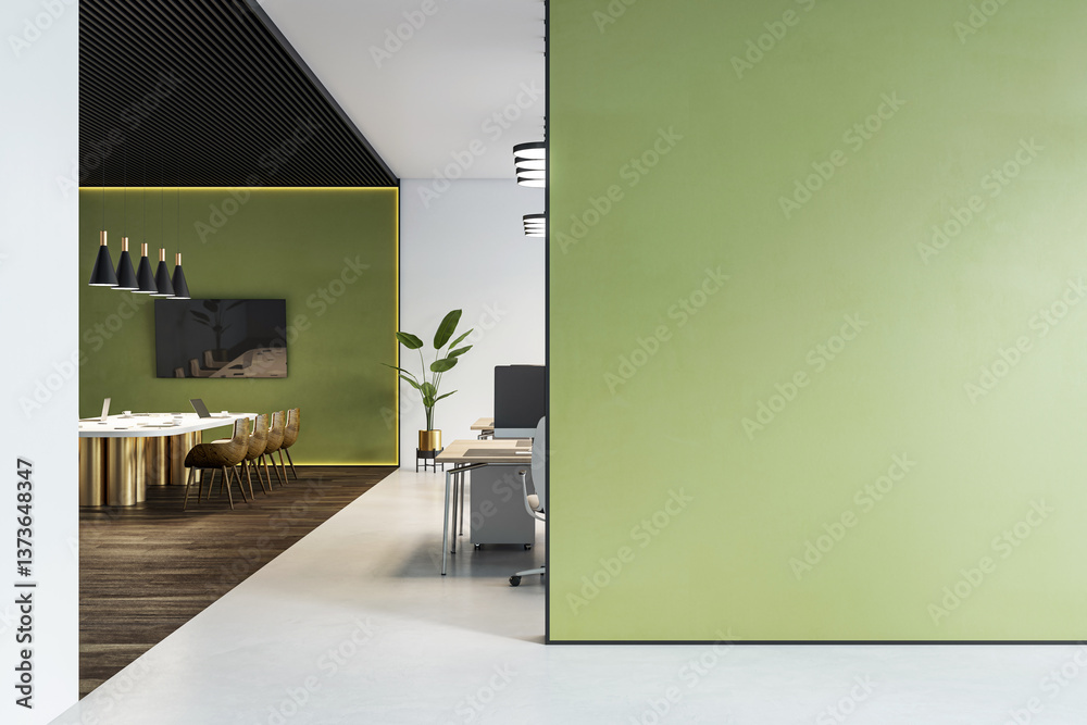 Poster modern office interior with green wall and elegant layout, showing a meeting area and workspaces in 
