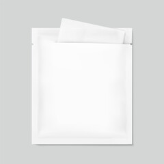 Torn sachet bag mockup for single wet wipe. Vector illustration isolated on grey background. Flat lay view. Can be use for template your design, presentation, promo, ad. EPS10.