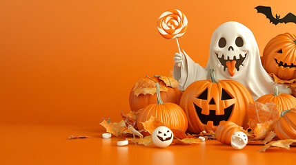 Spooky halloween celebration with pumpkins and ghosts festive home decor bright orange background whimsical vibe