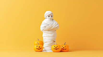 Halloween mummy decoration festive home 3d design bright yellow background creative perspective whimsical theme
