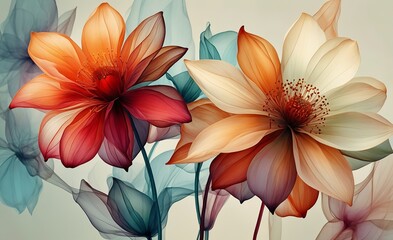 Obraz premium Trabajo de arte digital con dos flores grandes y translúcidas que se superponen entre sí. El estilo es abstracto con una calidad suave y etérea