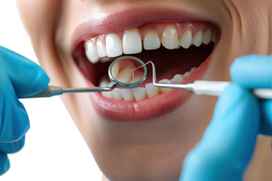 Close-up of a dentist checking teeth with a dental mirror
