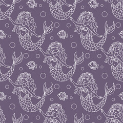 Hand drawn mermaids seamless vector pattern for fabric design, wallpaper, wraping paper.
