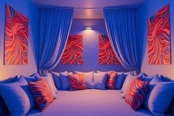 Blue room with abstract patterns on pillows, curtains and posters on wall