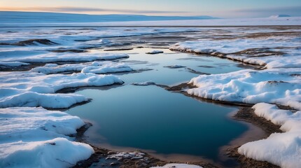 Thawing tundra landscape showing the effects of climate change at dusk