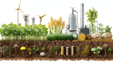 Anaerobic digestion biogas energy. Microorganism biofuel. Renewable recycling. Clip art. Isolate on white background. Illustration of biomass input and biogas conversion process.