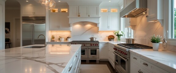 elegant marble kitchen with spacious layout and stylish stove