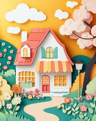 Layered papercut artwork depicting Top view of colorful paper cut A vibrant paper art illustration of a charming house surrounded by colorful flowers and trees, symbolizing warmth and creativity.