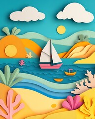 Layered papercut artwork depicting Top view of colorful paper cut A vibrant paper cut-out illustration of a seascape with sailboats, hills, and colorful underwater coral.