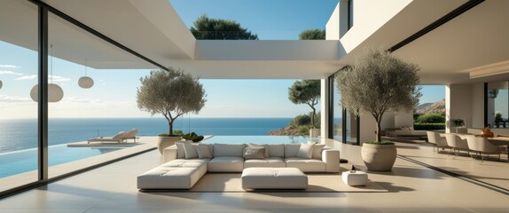 Fototapeta premium serene ocean view from large window in coastal living room