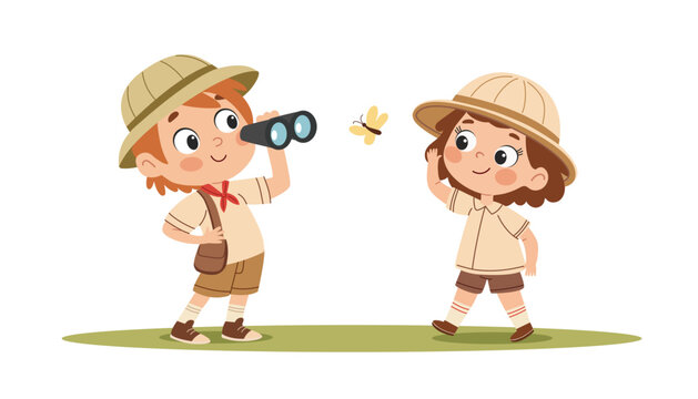Happy cute kids summer camp holiday set. Scouting kids set. Cute little boy and girl scouts in uniform with camping equipment cartoon vector illustration