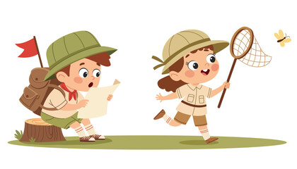 Happy cute kids summer camp holiday set. Scouting kids set. Cute little boy and girl scouts in uniform with camping equipment cartoon vector illustration