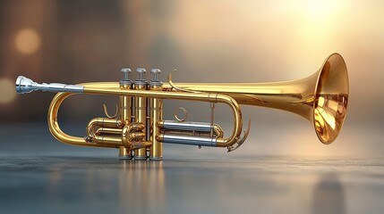 Obraz premium Gleaming Gold Trumpet on Dark Reflective Surface