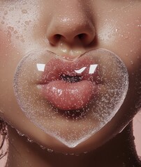 Fototapeta premium Close-up of a woman blowing bubbles with a bubble on her lips behind misted glass capturing a playful moment