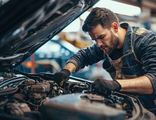 An Handsome man, a mechanic wearing is working on a car engine under an open hood