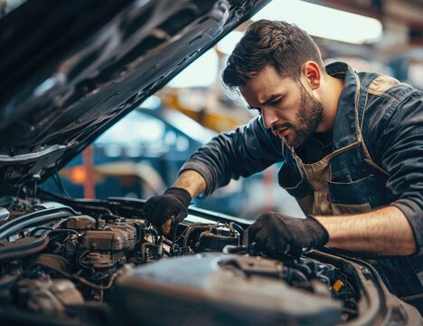 An Handsome man, a mechanic wearing is working on a car engine under an open hood