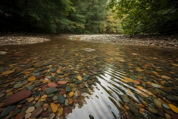 Naklejka premium Ripples of flowing shallow water flowing over the colourful rocks and pebbles of a shallow forest creek bed create a impressionistic abstract patterns from nature.