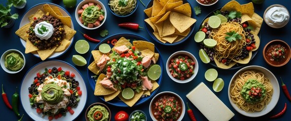 festive dining table set with delicious food and colorful salsa bowls