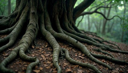 Fototapeta premium Intertwined Ancient Tree Roots in Misty Forest