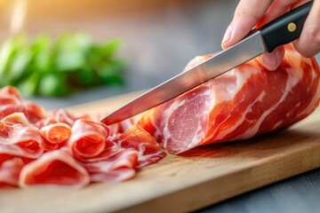 Iberico tapas Spanish delicacy Slicing cured meat on a wooden board with fresh herbs in the background.