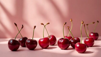 Glossy Cherries with Stems on Pink Background