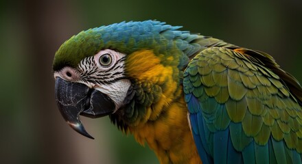 Fototapeta premium 鮮やかな青緑黄色の羽を持つオウム、優しい光の中で静かに佇む