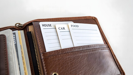 Family Budget Concept – A wallet with sections labeled for different expenses (house, car, food).