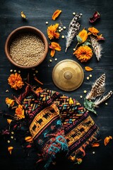Naklejka premium Flatlay with Andean woven fabric, gold sun disk, marigold petals, quinoa, corn kernels and feathers - rich Inti Raymi theme for celebration visuals. Vertical