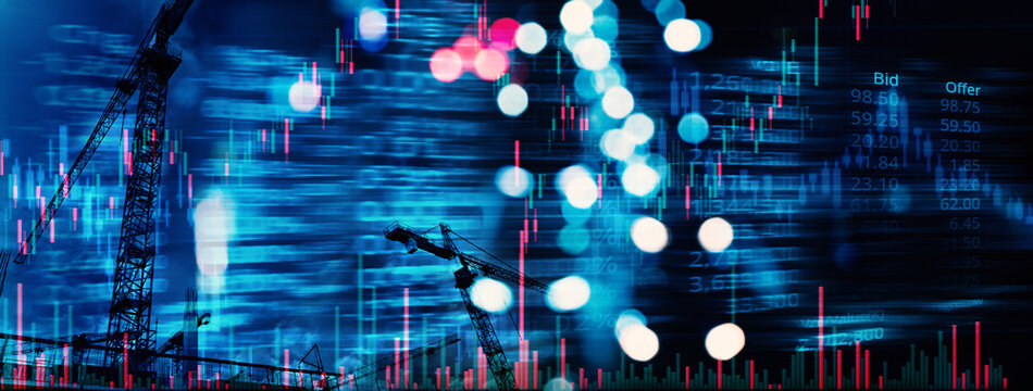metal crane real estate construction with candle stick graph line of trade market stock and price index number on glow blue digital technology blur line banner business background - Powered by Adobe