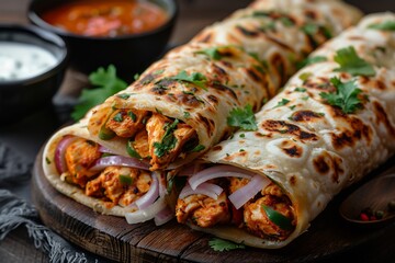 Kathi roll paratha roll filled with chicken or paneer, onions and sauces, cut