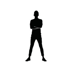 A black and white vector silhouette of a person raising their hands in celebration on a white background
