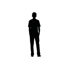 A black and white vector silhouette of a running person in dynamic motion on a white background