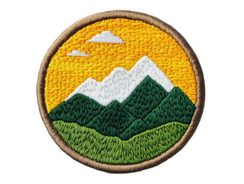 Mountain landscape embroidery patch for outdoor adventures on a transparent background, cut out - Powered by Adobe
