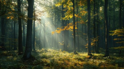 Obraz premium Sunbeams Illuminating an Enchanting Autumn Forest