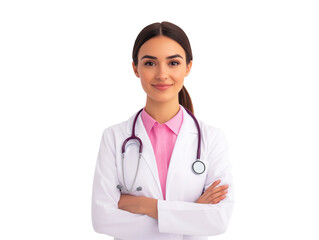 Fototapeta premium Confident medical professional with stethoscope in clinic setting on a transparent background, cut out