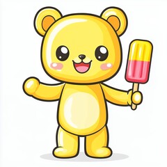 Obraz premium Cheerful Yellow Cartoon Bear with Popsicle on White Background