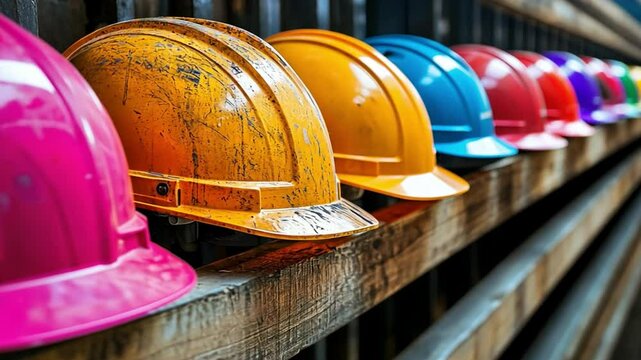 Construction helmets: A row of vibrant hard hats symbolizing teamwork, safety, and collaboration within a construction site or industrial setting.