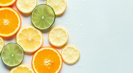 Assorted citrus slices with water drops on light background