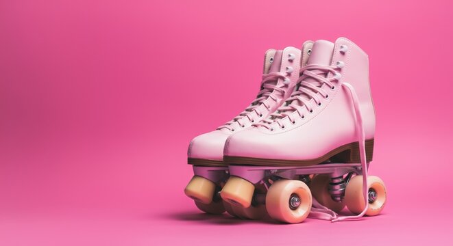 Pink vintage roller skates on solid pink background with retro vibe