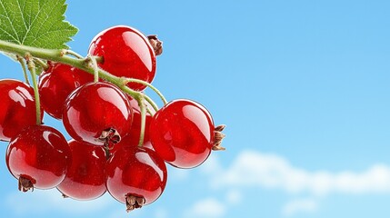 Glistening Red Currants on a Branch Against a Blue Sky