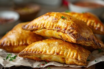 Jamaican beef patty golden flaky pastry filled with spicy beef, served on