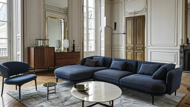 Explore a beautifully decorated living room showcasing a blue sectional sofa, stylish furniture, and elegant architectural details