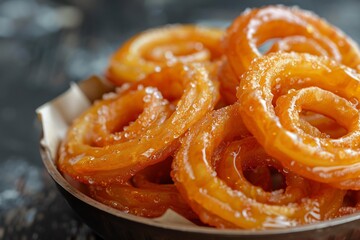 Fototapeta premium Jalebi golden spirals dipped in sugar syrup, served hot in paper plate with rustic